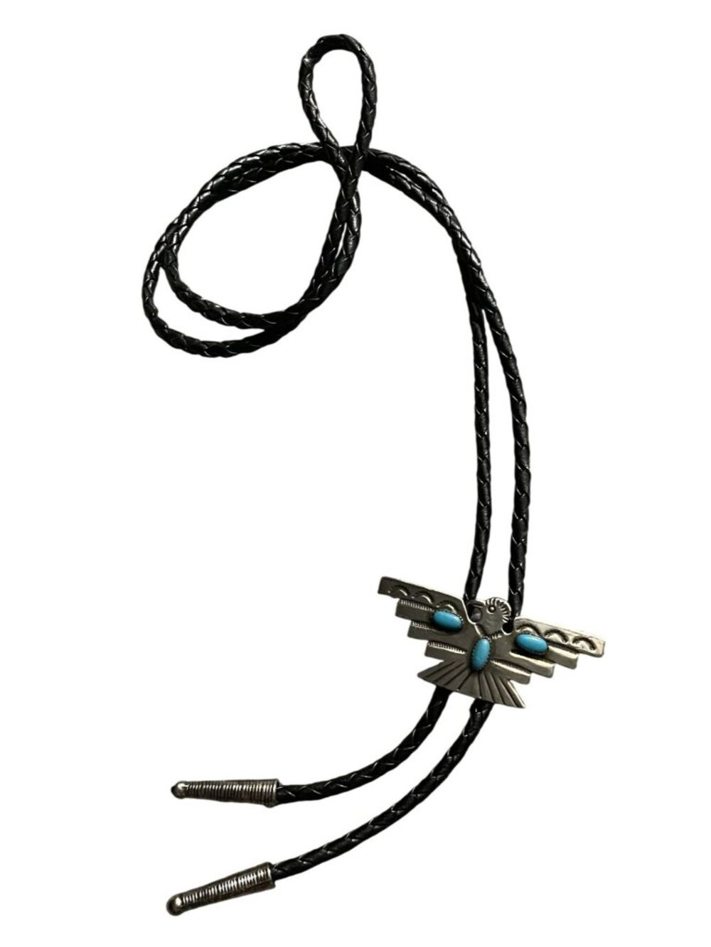Vintage Sterling Silver Thunderbird Bolo Tie With Turquoise Stones